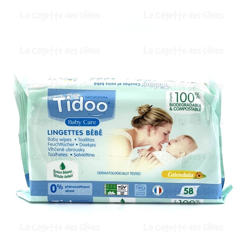 Tidoo Lingettes au Calendula Bio Non Parfumé, compostables, 58